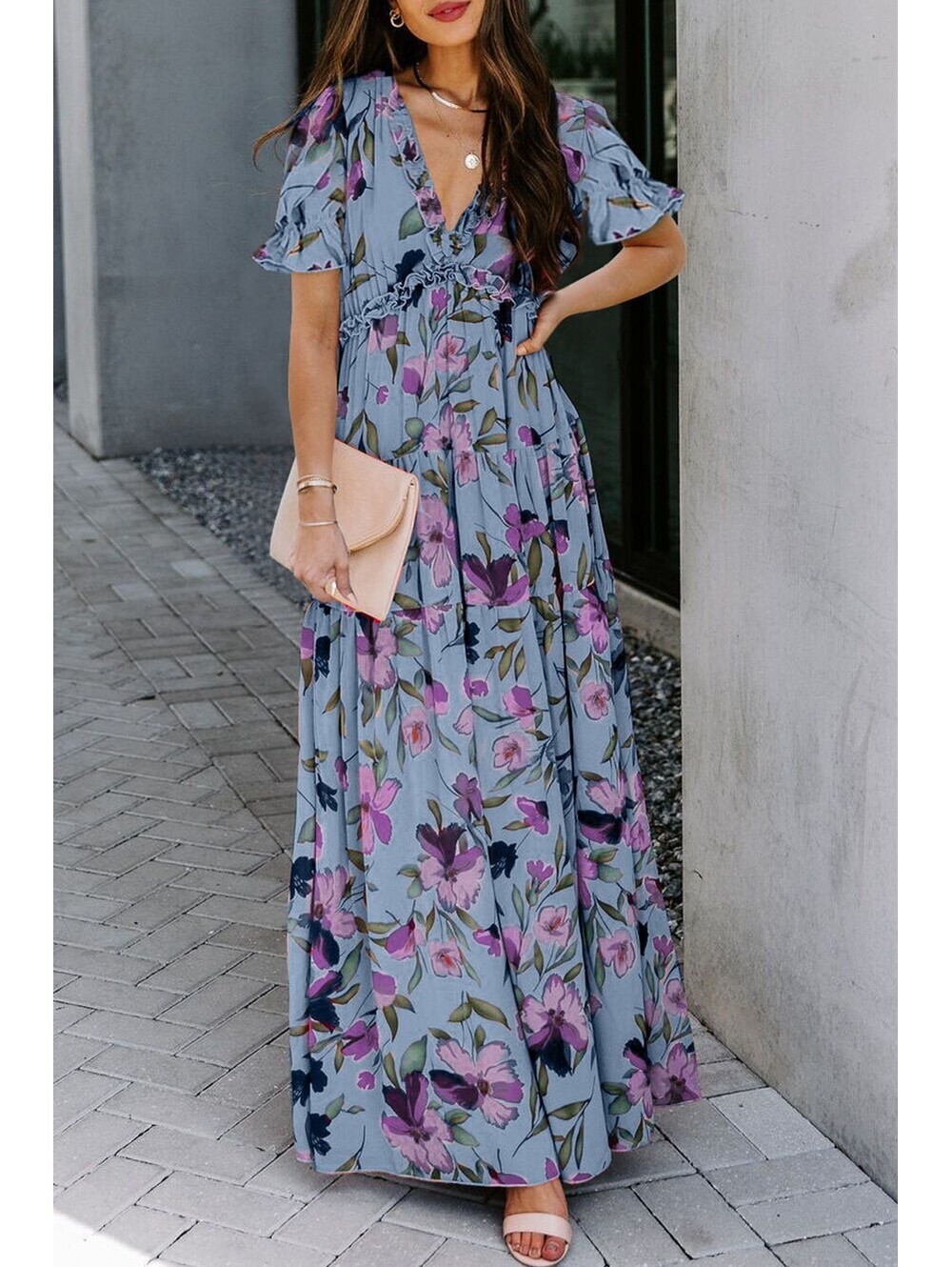 Women's Floral Print Maxi Dress with V-Neck and Short Sleeves [COPY]